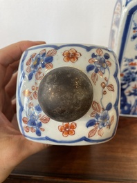 Two Chinese Imari-style square bottles with metal mounts, Kangxi