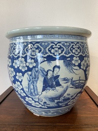 A Chinese blue and white fish bowl with medallions on a prunus-ground, 19th C.