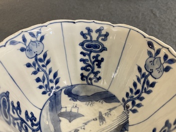 A Chinese blue and white bowl with figures in a landscape, Chenghua mark, Kangxi