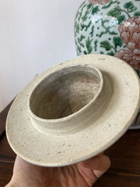 A Chinese 'peony scroll' famille verte vase and cover, Kangxi