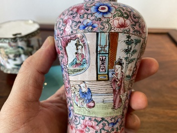 A Chinese Canton enamel covered vase, a covered bowl and a tea caddy, Qianlong