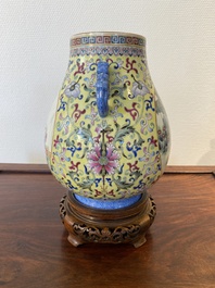 A Chinese yellow-ground famille rose 'hu' vase with playing boys, Qianlong mark, Republic