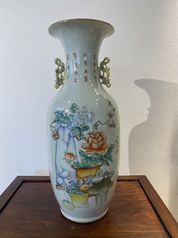 A Chinese famille rose 'scholars' vase with two-sided design, signed Cai Yun Xuan 彩雲軒, dated 1919