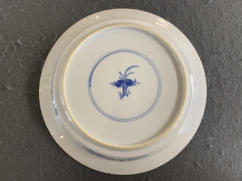 A Chinese blue and white 'two phoenixes and an immortal' plate, Kangxi/Yongzheng
