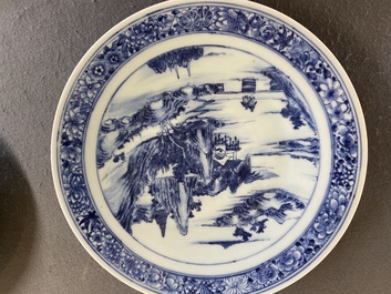 Two Chinese blue and white 'mountainous landscape' dishes, 19th C.