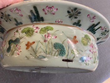 A Chinese famille rose celadon-ground 'carps' basin, 19th C.