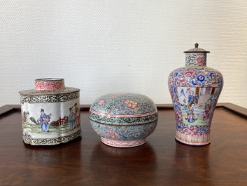 A Chinese Canton enamel covered vase, a covered bowl and a tea caddy, Qianlong