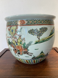 A Chinese famille verte fish bowl with warriors on horseback, 19th C.