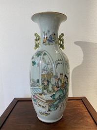 A Chinese famille rose 'scholars' vase with two-sided design, signed Cai Yun Xuan 彩雲軒, dated 1919