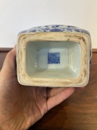 A Chinese blue and white 'fanghu' vase with lotus scrolls, Qianlong mark, 19/20th C.
