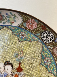 A Chinese Canton enamel dish with a lady and two boys, Yongzheng