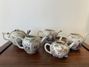 Cinq th&eacute;i&egrave;res en porcelaine de Chine famille rose, Yongzheng/Qianlong