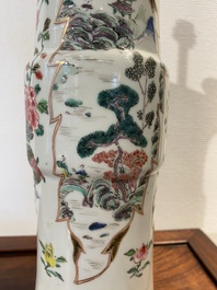 Paire de vases en porcelaine de Chine famille rose mont&eacute;s en lampes en bronze dor&eacute;, Yongzheng