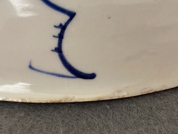 A Chinese blue and white 'peony scroll' dish and a famille verte dish, Kangxi