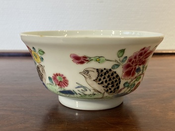 A Chinese famille rose semi-eggshell bowl with two quails, Yongzheng