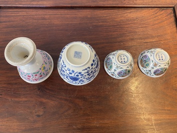 Un bol sur piedouche en porcelaine de Chine famille rose, un bol en bleu et blanc et une paire en doucai, Yongzheng et post&eacute;rieur