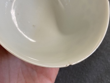 Un bol sur piedouche en porcelaine de Chine famille rose, un bol en bleu et blanc et une paire en doucai, Yongzheng et post&eacute;rieur
