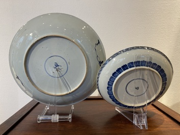 A Chinese blue and white 'peony scroll' dish and a famille verte dish, Kangxi