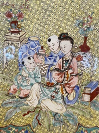 A Chinese Canton enamel dish with a lady and two boys, Yongzheng