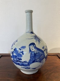 A Japanese blue and white bottle vase with a lady in a landscape, Edo, 17/18th C.