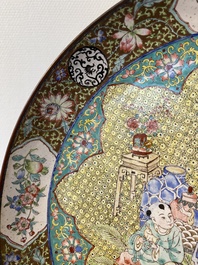 A Chinese Canton enamel dish with a lady and two boys, Yongzheng