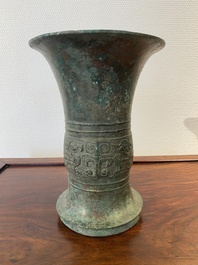 A Chinese inscribed archaic bronze ritual 'zun' wine vessel, probably Western Zhou