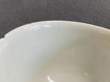 Un bol sur piedouche en porcelaine de Chine famille rose, un bol en bleu et blanc et une paire en doucai, Yongzheng et post&eacute;rieur