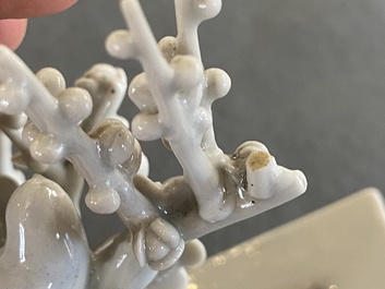 Een paar Chinese Dehua blanc de Chine boompjes met vogels, Kangxi