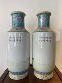Een paar Chinese famille rose rouleau vazen, Qianlong merk, Republiek