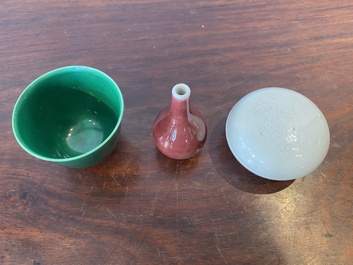 A Chinese monochrome copper-red vase, a green anhua 'dragon' cup and a white-glazed box and cover, 19/20th C.