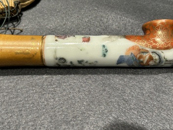 A rare Chinese famille rose opium pipe with narrative scenes, 19th C.