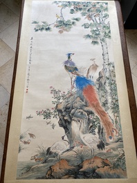 Suiveur de Yan Bolong 顏伯龍 (1898-1955): 'Deux paons et deux grues', encre et couleurs sur papier