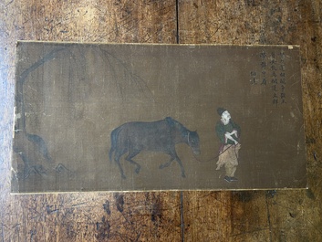 Bo Yuan 伯遠: 'A groom leads a horse', ink and colour on silk, probably Ming