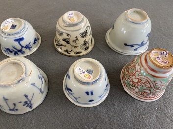 Eight Chinese mostly blue and white wine and tea cups, Ming