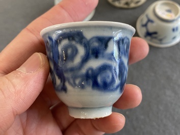 Eight Chinese mostly blue and white wine and tea cups, Ming