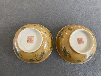 Paire de bols en porcelaine de Chine famille rose &agrave; d&eacute;cor de sauterelles sur fond caf&eacute; au lait, marque et &eacute;poque de Daoguang