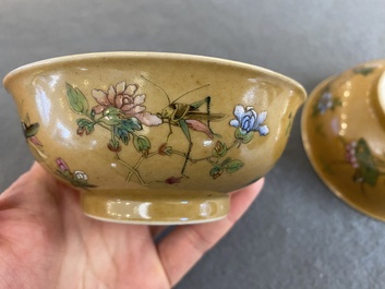 Paire de bols en porcelaine de Chine famille rose &agrave; d&eacute;cor de sauterelles sur fond caf&eacute; au lait, marque et &eacute;poque de Daoguang