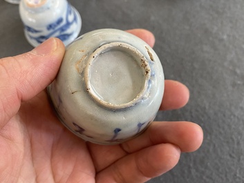 Eight Chinese mostly blue and white wine and tea cups, Ming