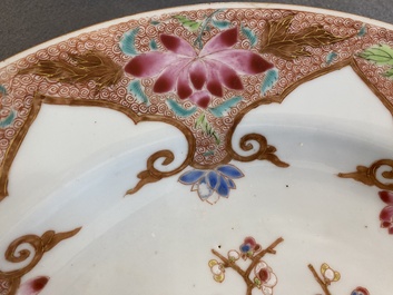 A Chinese famille rose dish and two lotus-shaped plates, Qianlong