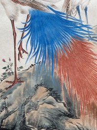 Suiveur de Yan Bolong 顏伯龍 (1898-1955): 'Deux paons et deux grues', encre et couleurs sur papier