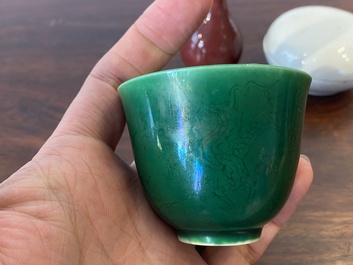 A Chinese monochrome copper-red vase, a green anhua 'dragon' cup and a white-glazed box and cover, 19/20th C.