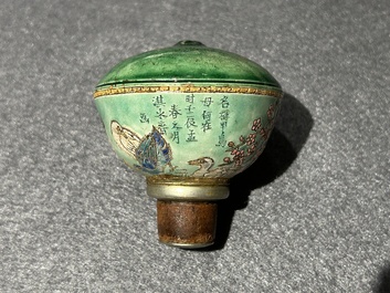 A rare Chinese famille rose opium pipe with narrative scenes, 19th C.