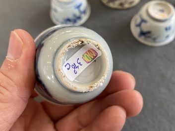 Eight Chinese mostly blue and white wine and tea cups, Ming