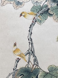 Suiveur de Yan Bolong 顏伯龍 (1898-1955): 'Deux paons et deux grues', encre et couleurs sur papier