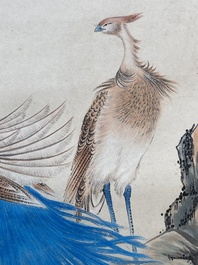 Suiveur de Yan Bolong 顏伯龍 (1898-1955): 'Deux paons et deux grues', encre et couleurs sur papier