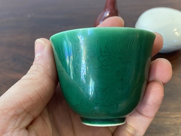 A Chinese monochrome copper-red vase, a green anhua 'dragon' cup and a white-glazed box and cover, 19/20th C.