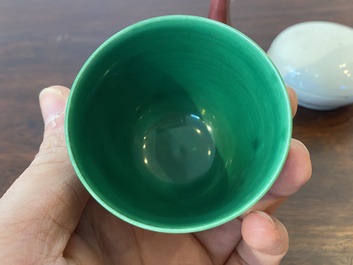 A Chinese monochrome copper-red vase, a green anhua 'dragon' cup and a white-glazed box and cover, 19/20th C.