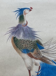 Suiveur de Yan Bolong 顏伯龍 (1898-1955): 'Deux paons et deux grues', encre et couleurs sur papier