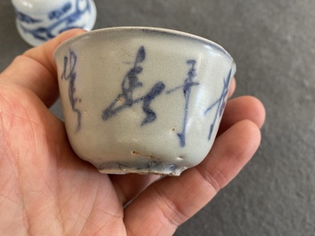 Eight Chinese mostly blue and white wine and tea cups, Ming