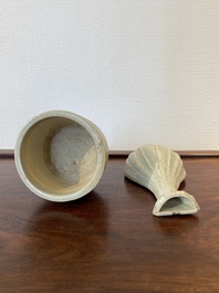 A Chinese qingbai wall pocket vase and a three-legged incense burner, Song